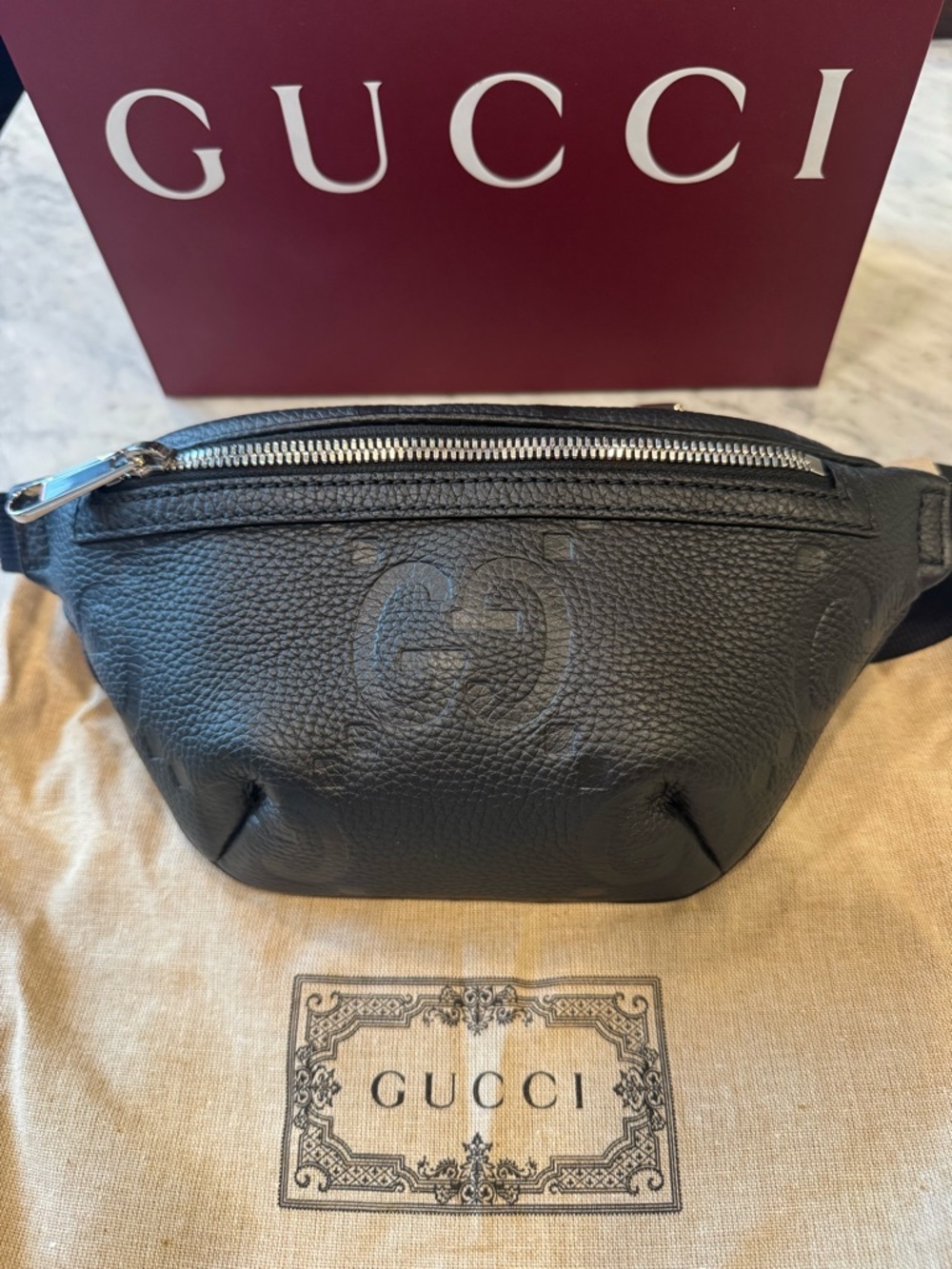 New Gucci GG Jumbo Small Belt Bag Black Leather With Dust Bag & Box